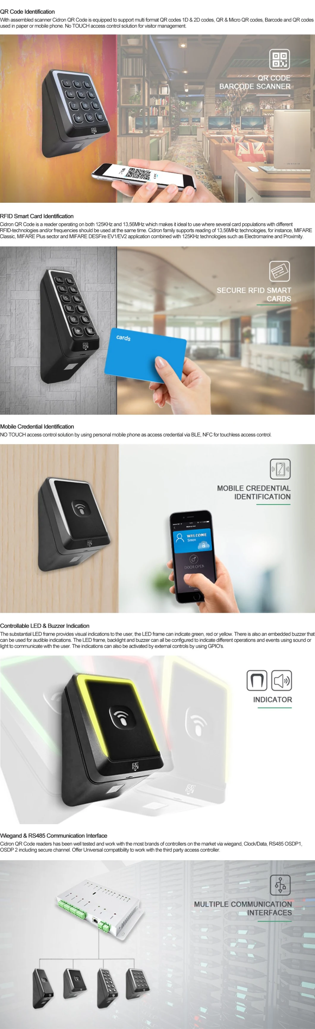 RS485 Cidron Swedish Control Bluetooth Waterproof Long Distance UHF RFID Access Door Reader